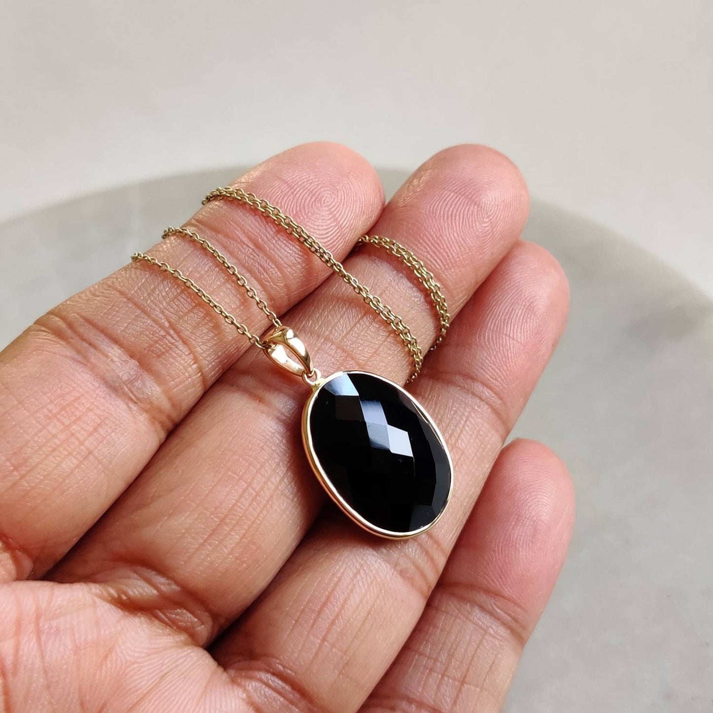 Natural Black Onyx Pendant, 14K Solid Yellow Gold Black Onyx Pendant, December Birthstone Pendant, Black Onyx Jewelry, Christmas Present