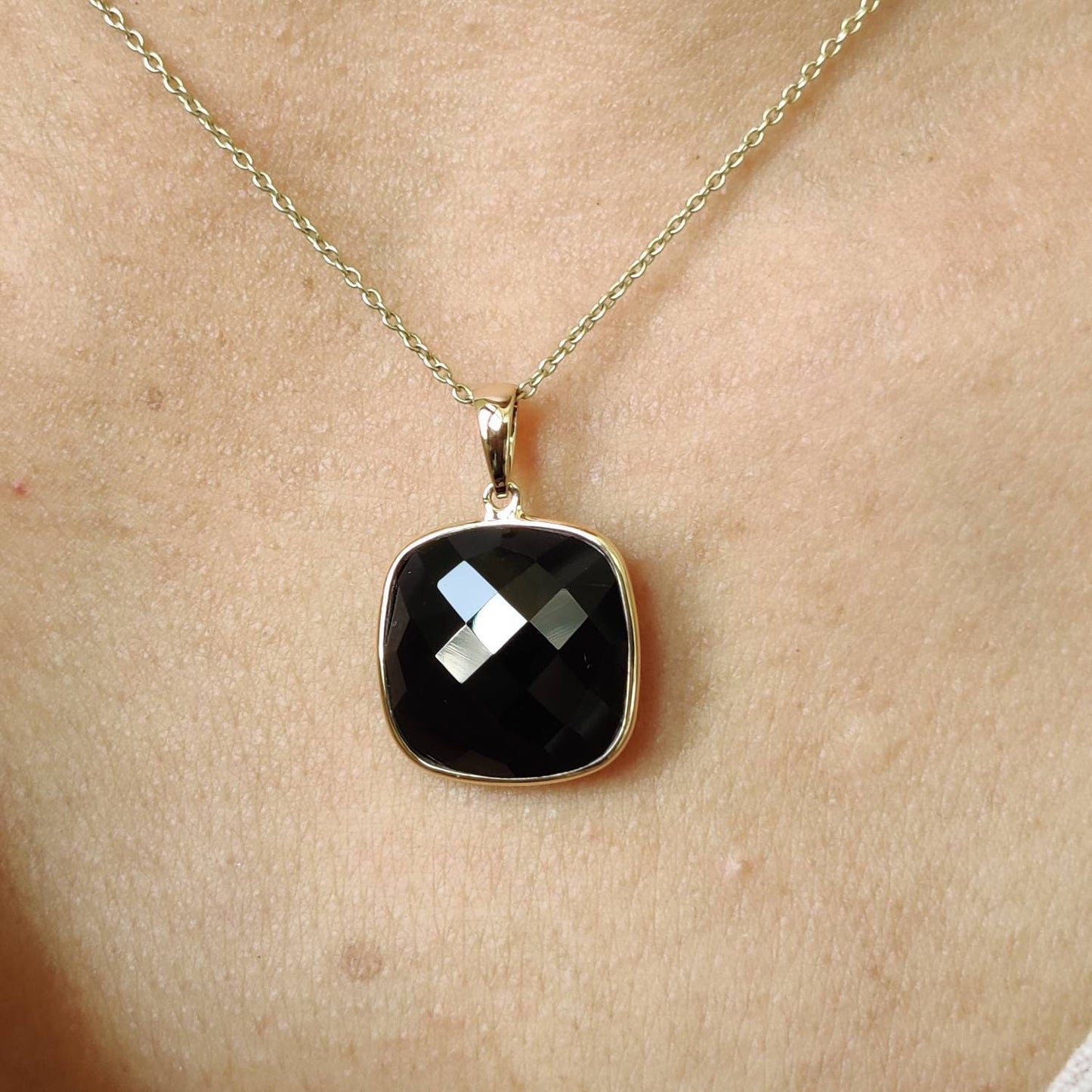 Natural Black Onyx Pendant, 14K Solid Gold Black Onyx Pendant, Yellow Gold Necklace Pendant, Black Onyx Jewelry, December Birthstone