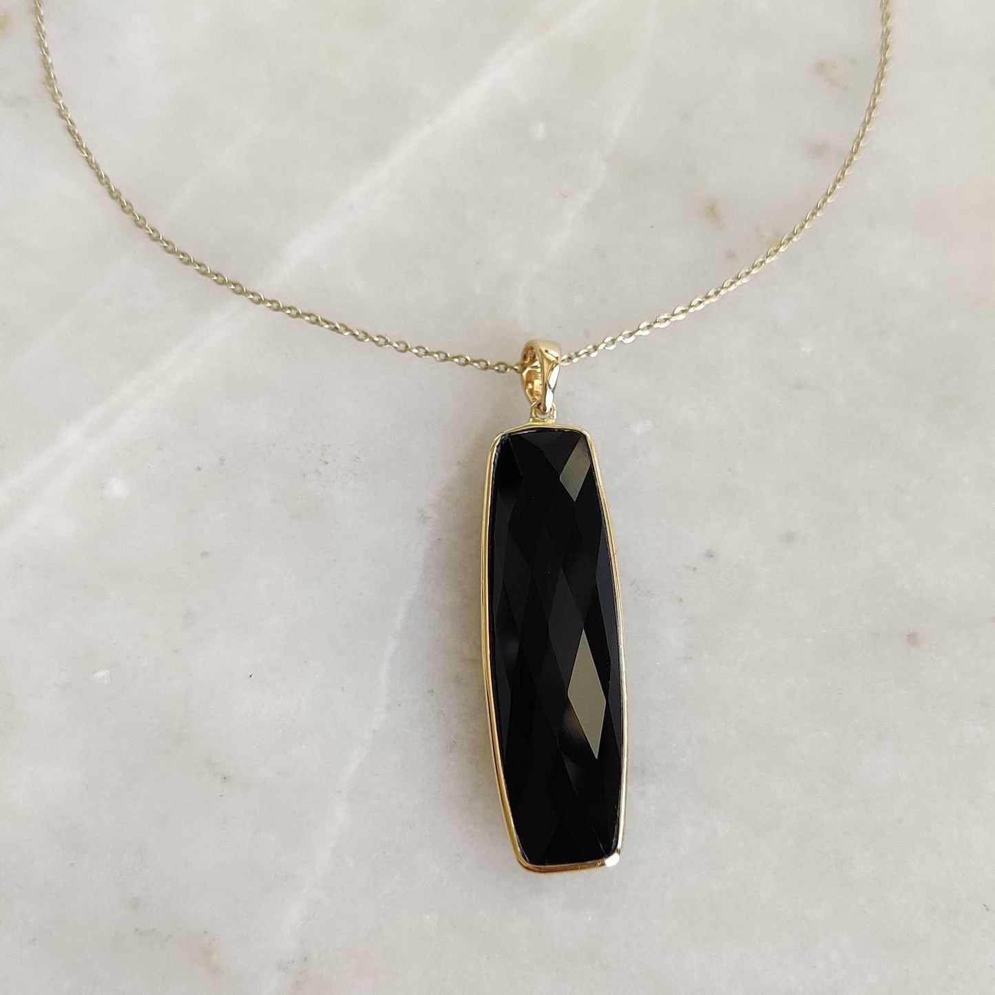 Natural Black Onyx Pendant, 14K Solid Yellow Gold Onyx Pendant, December Birthstone Pendant, Black Onyx Jewelry, Christmas Present