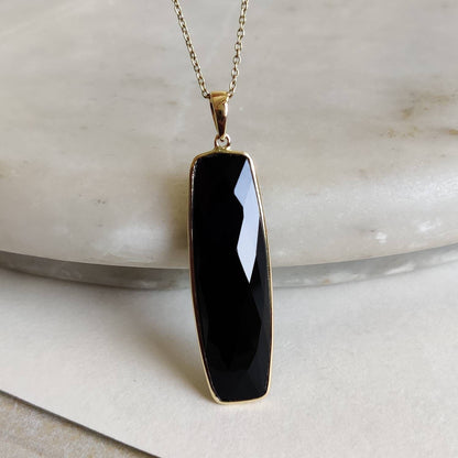 Natural Black Onyx Pendant, 14K Solid Yellow Gold Onyx Pendant, December Birthstone Pendant, Black Onyx Jewelry, Christmas Present