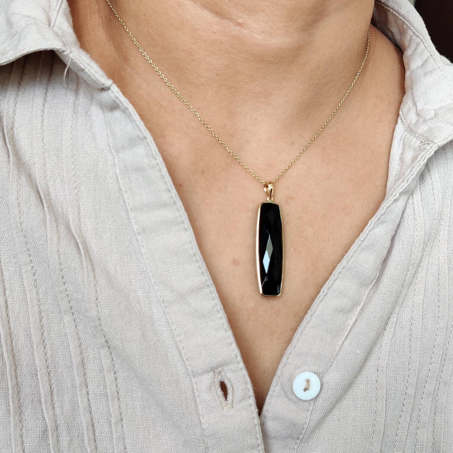 Natural Black Onyx Pendant, 14K Solid Yellow Gold Onyx Pendant, December Birthstone Pendant, Black Onyx Jewelry, Christmas Present