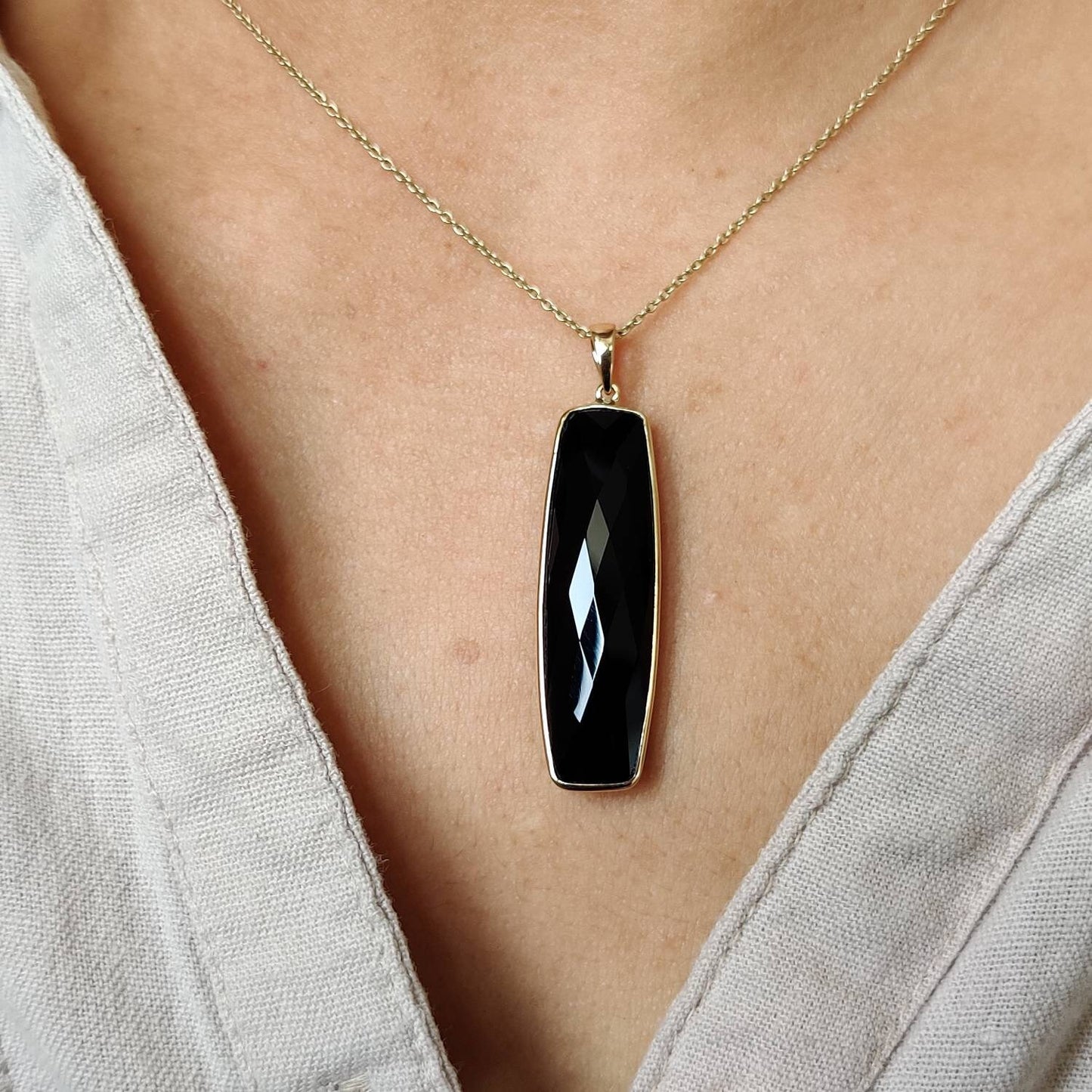 Natural Black Onyx Pendant, 14K Solid Yellow Gold Onyx Pendant, December Birthstone Pendant, Black Onyx Jewelry, Christmas Present