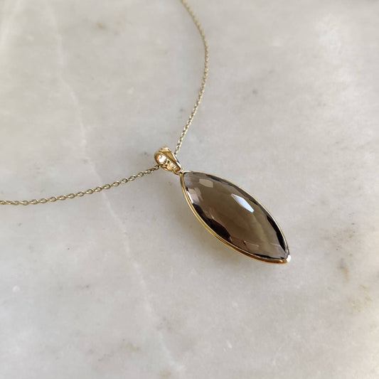 14K Gold Natural Smoky Quartz Pendant, Solid Yellow Gold Quartz Pendant, Marquise Faceted Pendant, June Birthstone Pendant, Christmas Gift