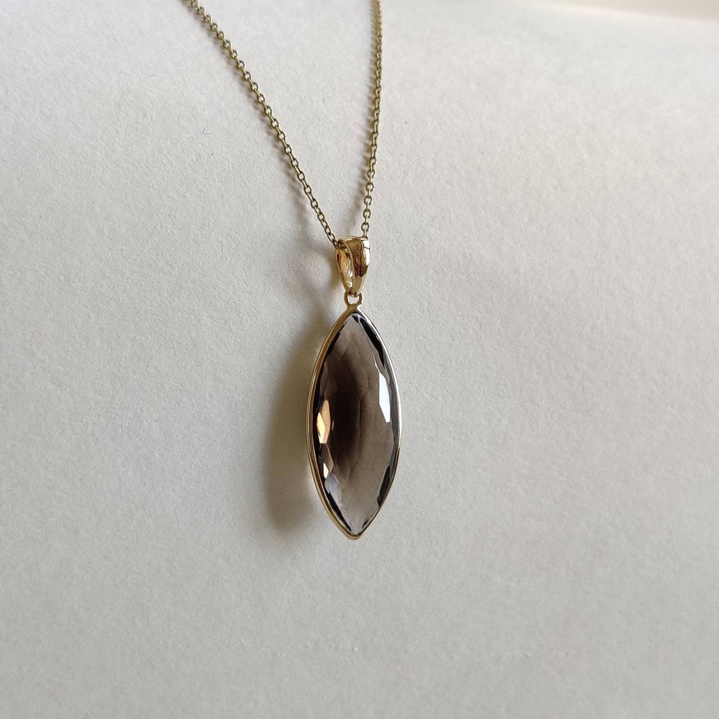 14K Gold Natural Smoky Quartz Pendant, Solid Yellow Gold Quartz Pendant, Marquise Faceted Pendant, June Birthstone Pendant, Christmas Gift