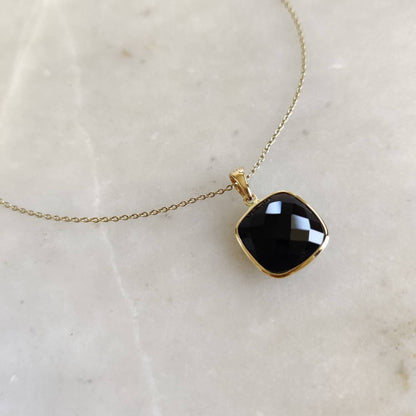 Natural Black Onyx Pendant, 14K Solid Yellow Gold Black Onyx Pendant, Bezel Pendant, December Birthstone, Christmas Gift, Square Pendant