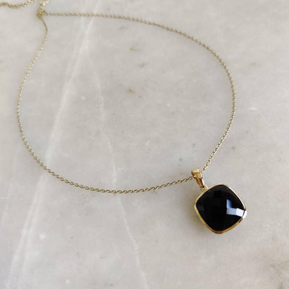 Natural Black Onyx Pendant, 14K Solid Yellow Gold Black Onyx Pendant, Bezel Pendant, December Birthstone, Christmas Gift, Square Pendant