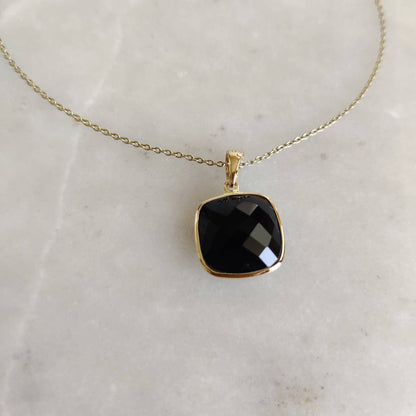 Natural Black Onyx Pendant, 14K Solid Yellow Gold Black Onyx Pendant, Bezel Pendant, December Birthstone, Christmas Gift, Square Pendant