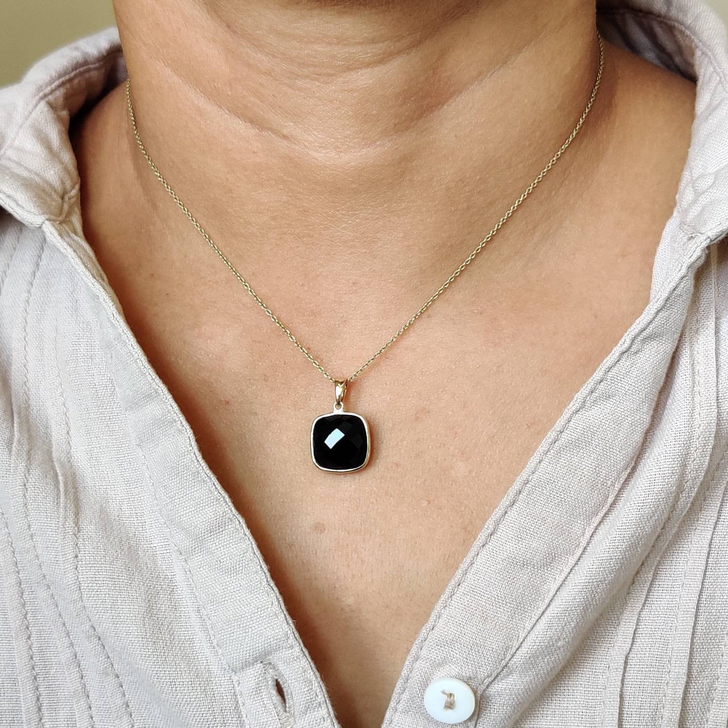 Natural Black Onyx Pendant, 14K Solid Yellow Gold Black Onyx Pendant, Bezel Pendant, December Birthstone, Christmas Gift, Square Pendant