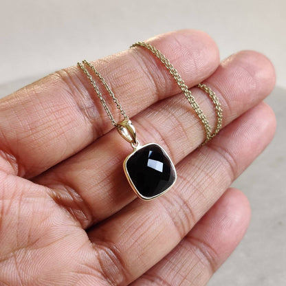 Natural Black Onyx Pendant, 14K Solid Yellow Gold Black Onyx Pendant, Bezel Pendant, December Birthstone, Christmas Gift, Square Pendant