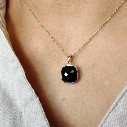 Natural Black Onyx Pendant, 14K Solid Yellow Gold Black Onyx Pendant, Bezel Pendant, December Birthstone, Christmas Gift, Square Pendant