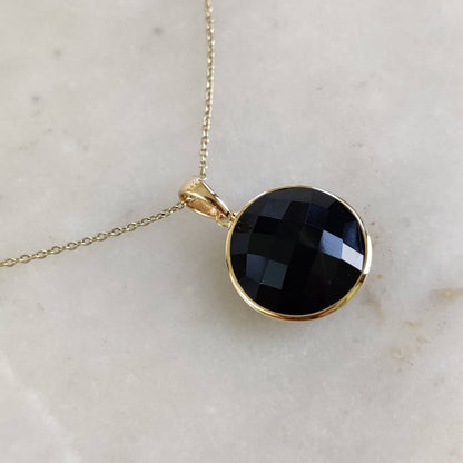 Natural Black Onyx Pendant, 14K Solid Yellow Gold Black Onyx Pendant, Round Pendant, December Birthstone, Christmas Gift, Black Onyx Jewelry