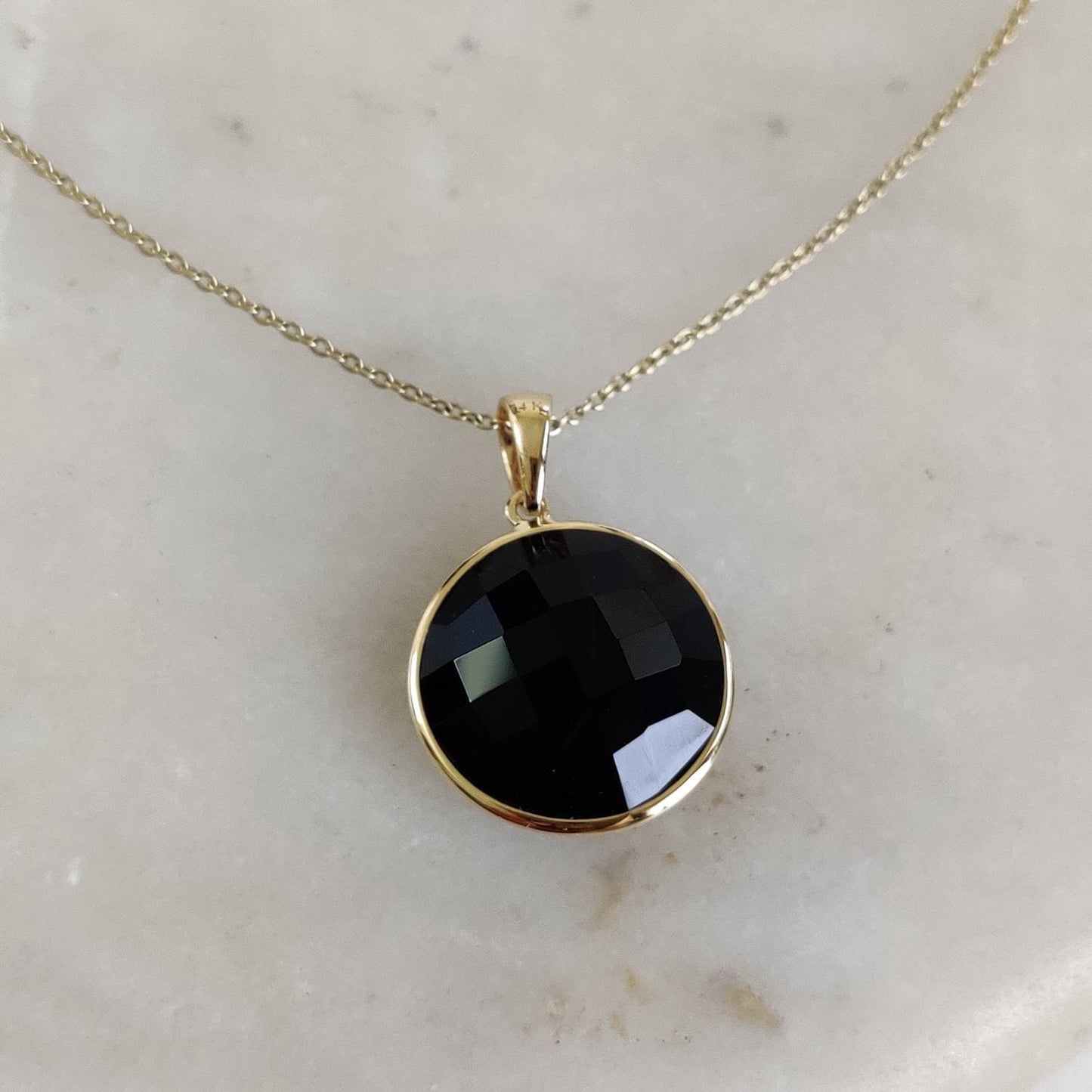 Natural Black Onyx Pendant, 14K Solid Yellow Gold Black Onyx Pendant, Round Pendant, December Birthstone, Christmas Gift, Black Onyx Jewelry