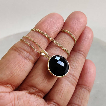 Natural Black Onyx Pendant, 14K Solid Yellow Gold Black Onyx Pendant, Round Pendant, December Birthstone, Christmas Gift, Black Onyx Jewelry