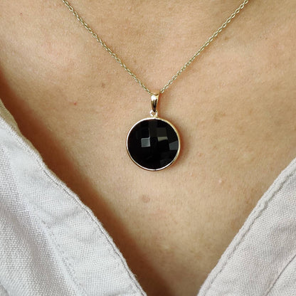 Natural Black Onyx Pendant, 14K Solid Yellow Gold Black Onyx Pendant, Round Pendant, December Birthstone, Christmas Gift, Black Onyx Jewelry