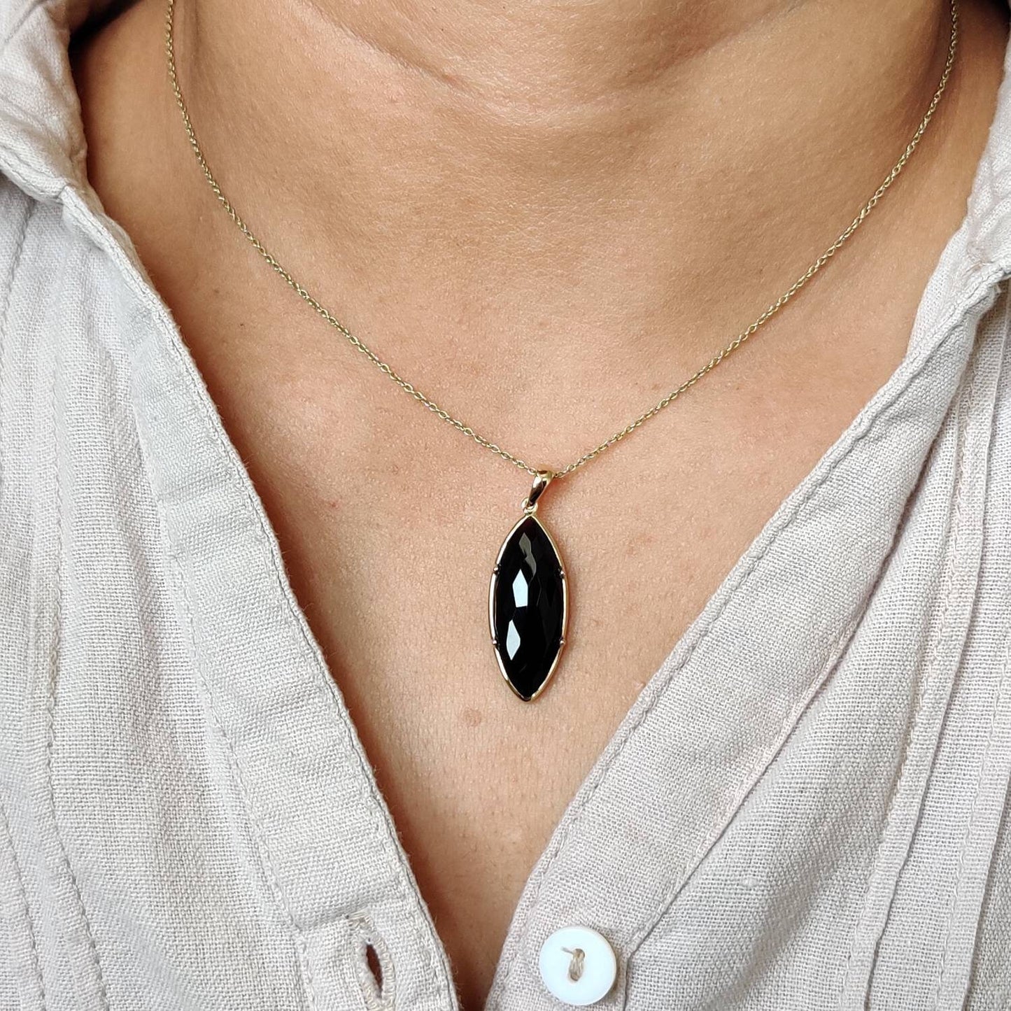 Natural Black Onyx Pendant, 14K Solid Yellow Gold Black Onyx Pendant, December Birthstone Pendant, Christmas Gift, Black Onyx Jewelry