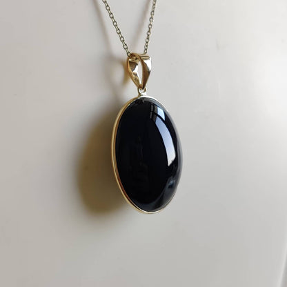 Natural Black Onyx Pendant, 14K Solid Yellow Gold Black Onyx Pendant, Oval Pendant, Bezel Pendant, December Birthstone, Christmas Gift,