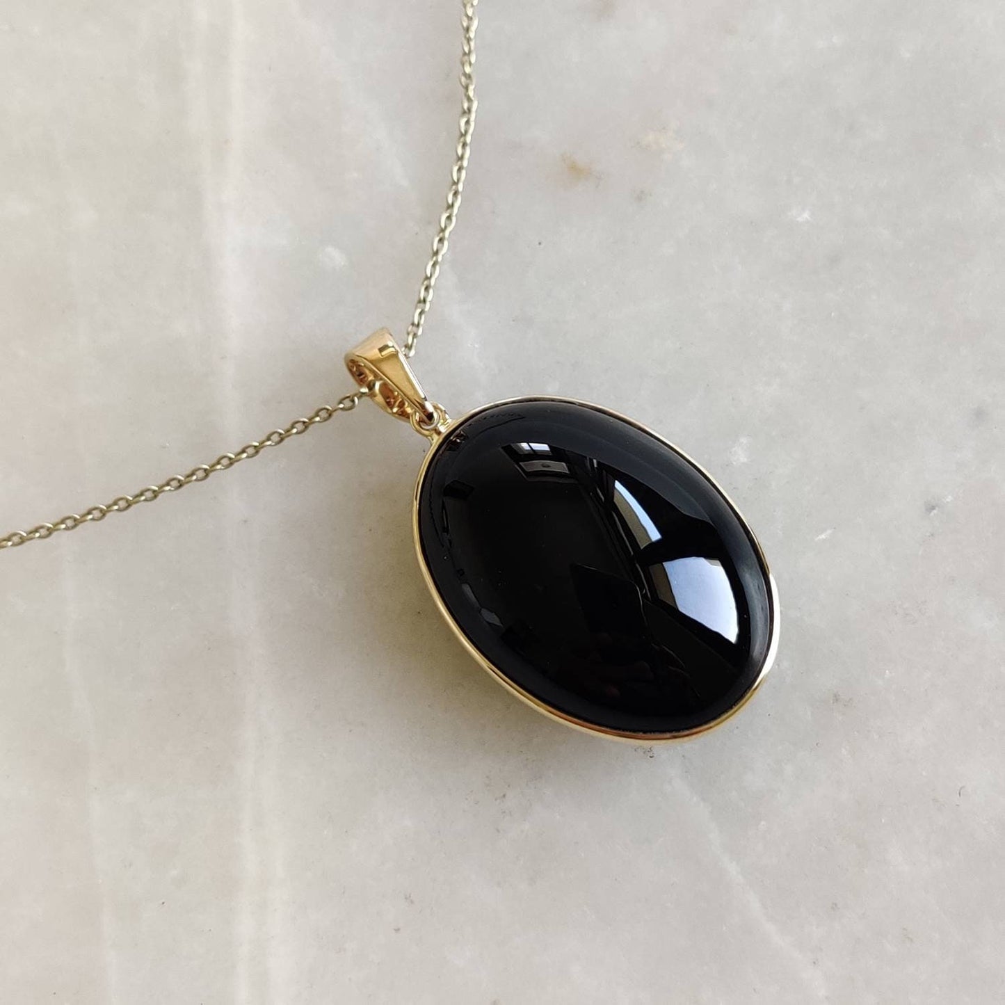 Natural Black Onyx Pendant, 14K Solid Yellow Gold Black Onyx Pendant, Oval Pendant, Bezel Pendant, December Birthstone, Christmas Gift,