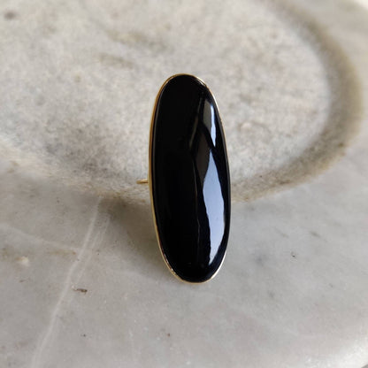 Anillo de ónix negro natural, anillo de oro amarillo macizo de 14 quilates, anillo con piedra natal de diciembre, anillo de ónix de forma oblonga, anillo con bisel, joyería de ónix negro