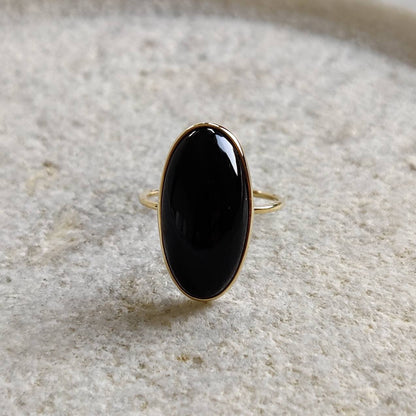 Natural Black Onyx Ring,14K Solid Gold Ring,14k Gold Black Onyx Ring, Natural Black Onyx Bezel Ring, December Birthstone, Oblong oval shape