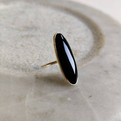 Natural 14K Solid Gold Ring, 14k Gold Black Onyx Ring, Black Onyx Bezel Ring, December Birthstone, Oblong oval Ring, Black Onyx Jewelry