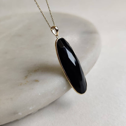 Natural Black Onyx Pendant, 14K Solid Yellow Gold Onyx Pendant, December Birthstone Pendant, Natural Onyx Jewelry, Christmas Present