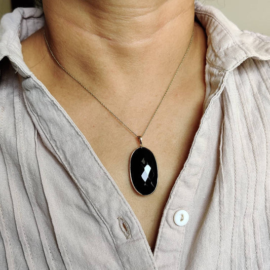 Natural Black Onyx Pendant, 14K Solid Gold Black Onyx Pendant, Solid Gold Pendant Necklace, December Birthstone, Christmas Gift