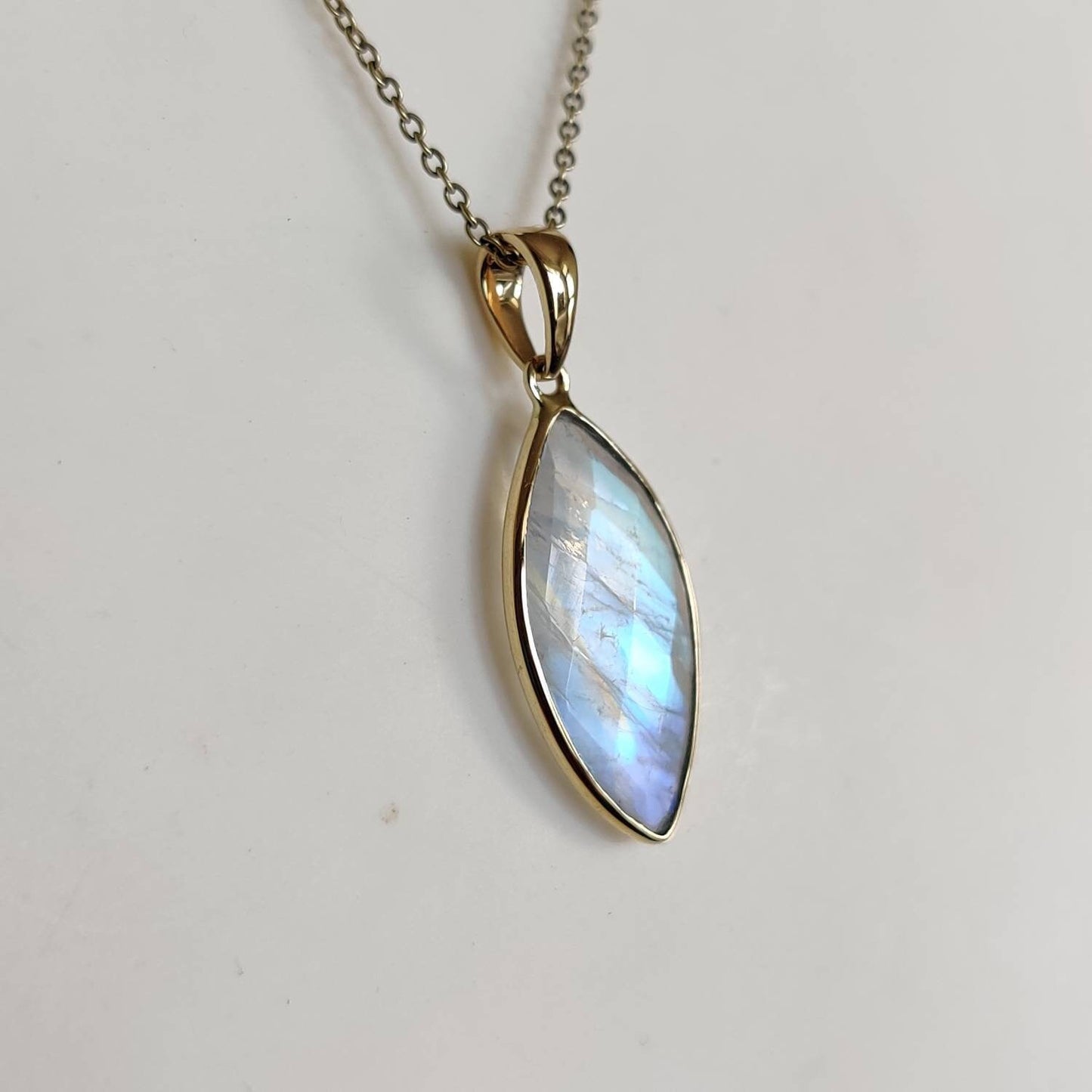 Natural Rainbow Moonstone Necklace, 14K Solid Yellow Gold Rainbow Moonstone Pendant, Blue Moonstone Jewelry, June Birthstone