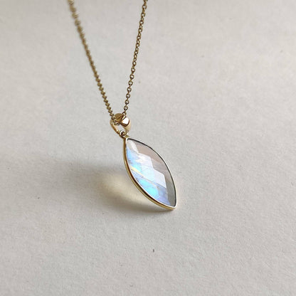 Natural Rainbow Moonstone Necklace, 14K Solid Yellow Gold Rainbow Moonstone Pendant, Blue Moonstone Jewelry, June Birthstone