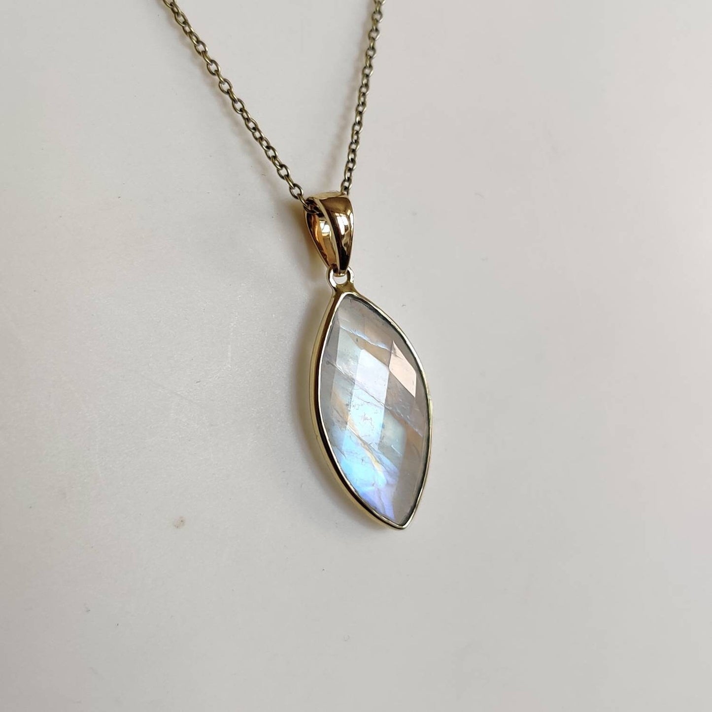 Natural Rainbow Moonstone Necklace, 14K Solid Yellow Gold Rainbow Moonstone Pendant, Blue Moonstone Jewelry, June Birthstone