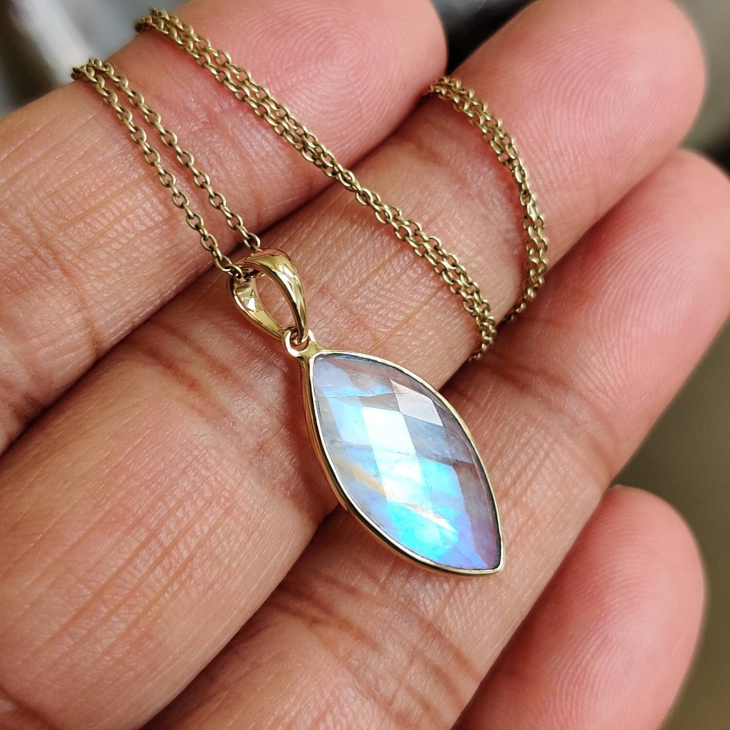 Natural Rainbow Moonstone Necklace, 14K Solid Yellow Gold Rainbow Moonstone Pendant, Blue Moonstone Jewelry, June Birthstone