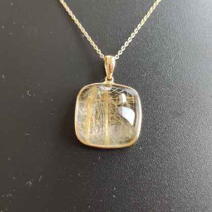 Natural Golden Rutile Pendant, 14K Solid Gold Rutile Pendant, Solid Gold Pendant Necklace, April Birthstone, Christmas Gift, Bezel Pendant