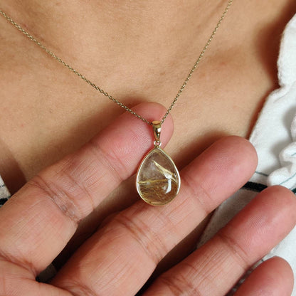 Natural Golden Rutile Pendant, 14K Solid Gold Rutile Pendant, Solid Gold Pendant Necklace, April Birthstone, Christmas Gift, Bezel Pendant