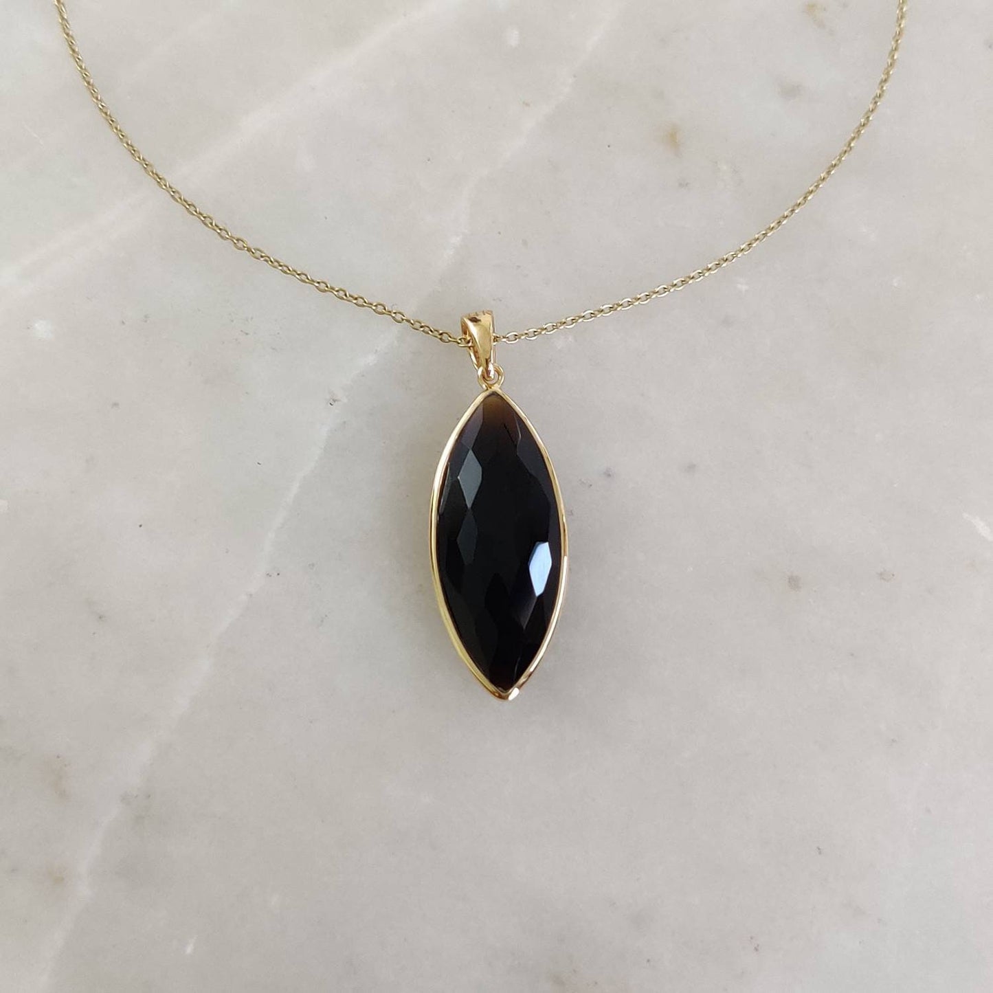 Natural Black Onyx Pendant, 14K Solid Gold Black Onyx Pendant, December Birthstone, Marquoise Pendant, Christmas Gift, Bezel Pendant