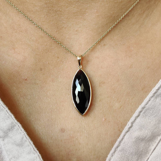 Natural Black Onyx Pendant, 14K Solid Gold Black Onyx Pendant, December Birthstone, Marquoise Pendant, Christmas Gift, Bezel Pendant