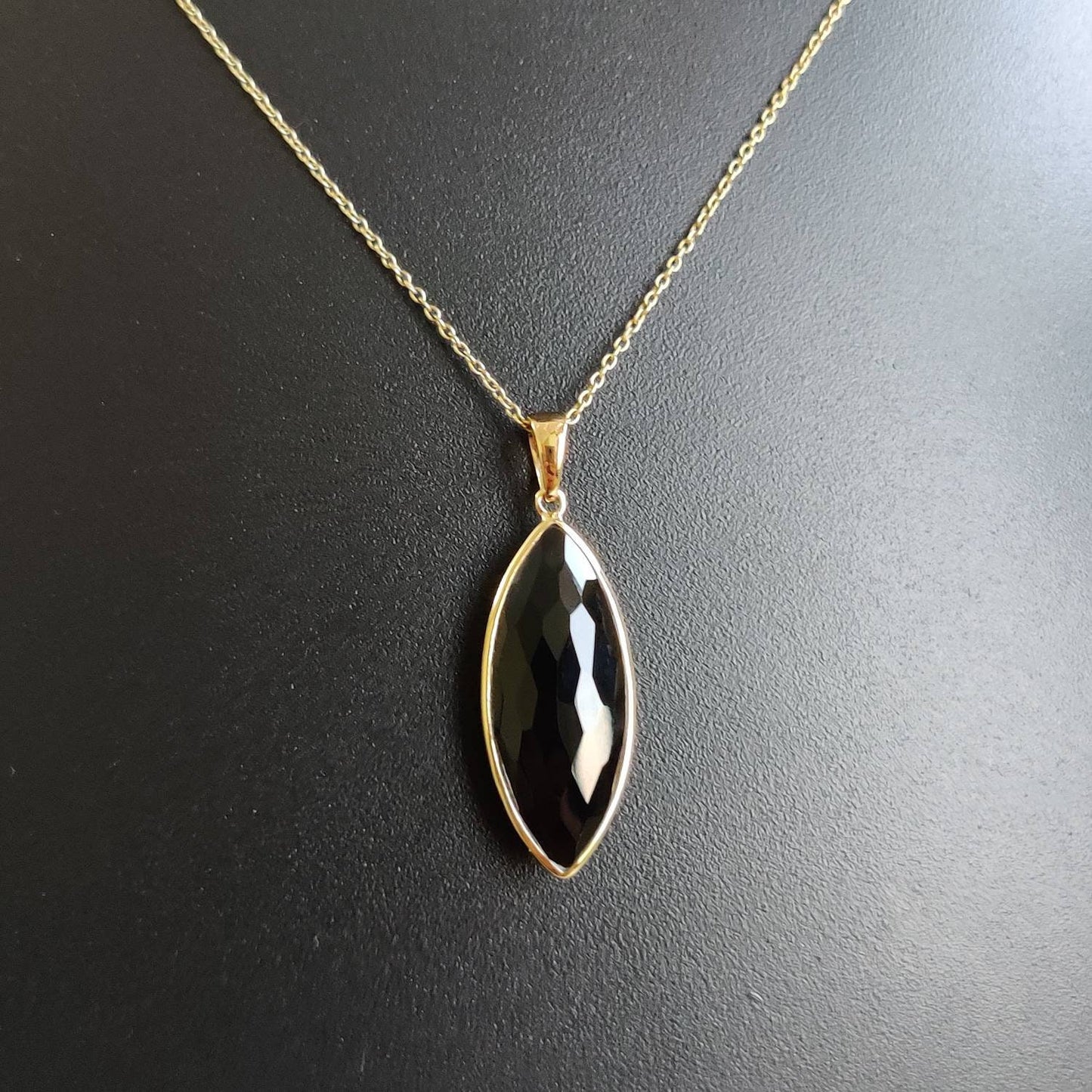 Natural Black Onyx Pendant, 14K Solid Gold Black Onyx Pendant, December Birthstone, Marquoise Pendant, Christmas Gift, Bezel Pendant