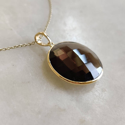 Natural Smoky Quartz Pendant, 14K Solid Yellow Gold Smoky Quartz Pendant, Solid Gold Round Bezel Pendant , June Birthstone, Christmas Gift