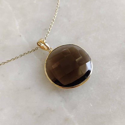 Natural Smoky Quartz Pendant, 14K Solid Yellow Gold Smoky Quartz Pendant, Solid Gold Round Bezel Pendant , June Birthstone, Christmas Gift