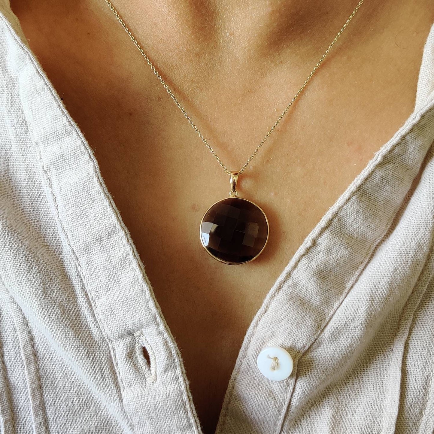 Natural Smoky Quartz Pendant, 14K Solid Yellow Gold Smoky Quartz Pendant, Solid Gold Round Bezel Pendant , June Birthstone, Christmas Gift