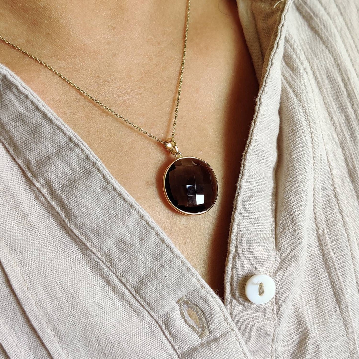 Natural Smoky Quartz Pendant, 14K Solid Yellow Gold Smoky Quartz Pendant, Solid Gold Round Bezel Pendant , June Birthstone, Christmas Gift