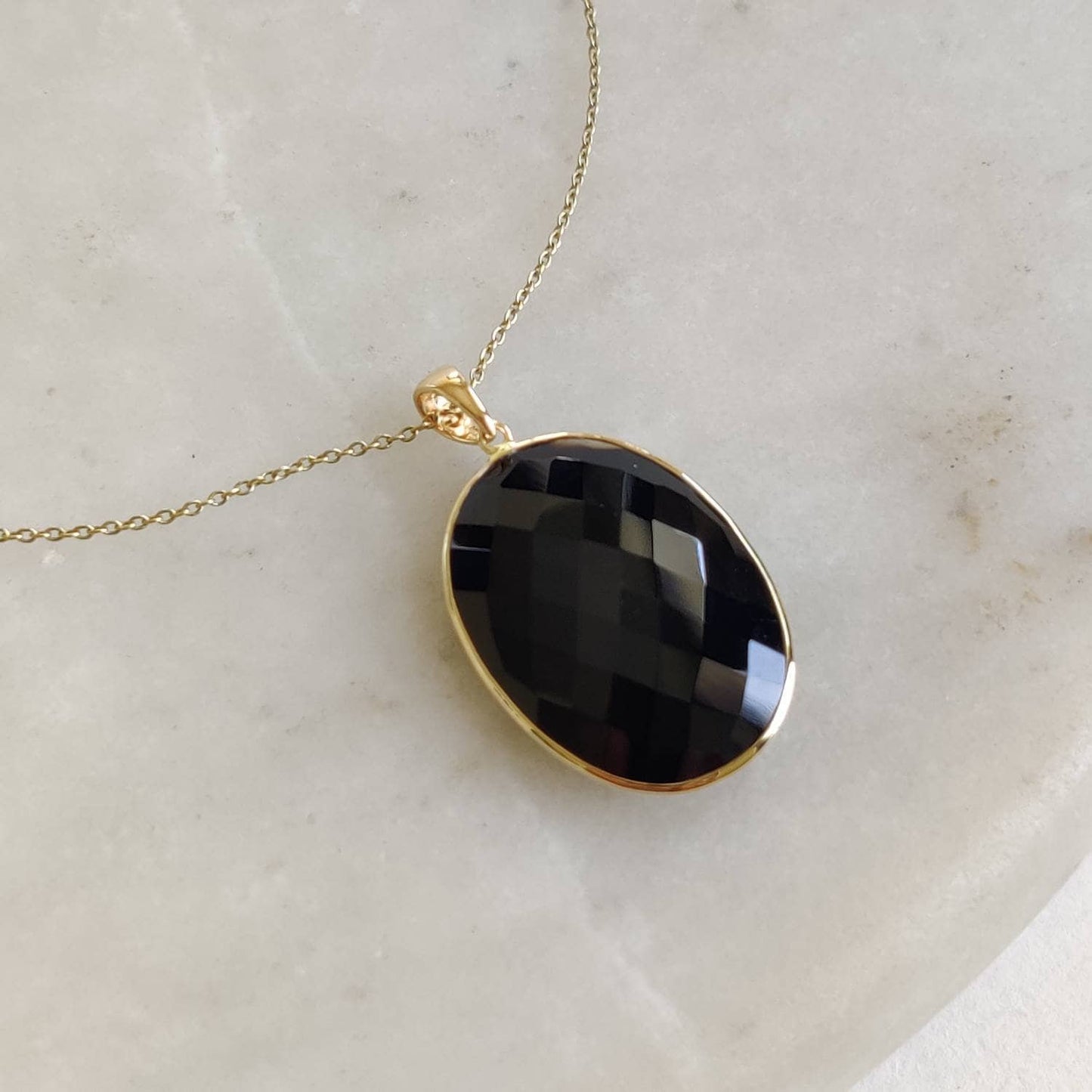 Natural Black Onyx Pendant, 14K Solid Yellow Gold Black Onyx Pendant, Oval Pendant, December Birthstone, Bezel Pendant, Christmas Gift