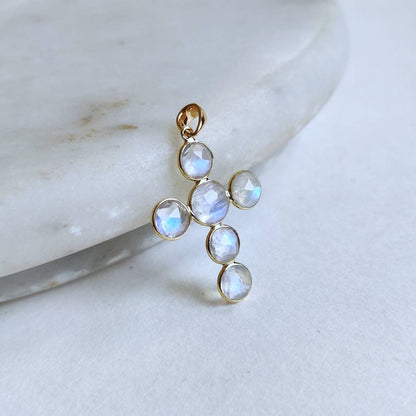 Natural Rainbow Moonstone Pendant , 14K Solid Yellow Gold Moonstone Pendant, Holy Cross Pendant, June Birthstone, Moonstone Jewelry