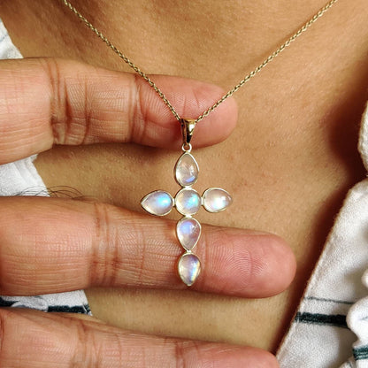 Natural Rainbow Moonstone Pendant, Moonstone Cross Pendant, 14K Solid Gold Moonstone Cross Pendant, Blue Moonstone Jewelry, June Birthstone