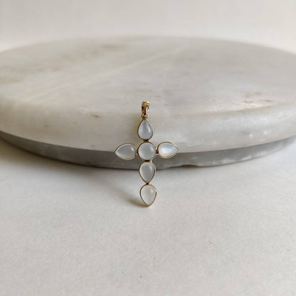 Natural White Moonstone Pendant, 14K Solid Yellow Gold Moonstone Pendant, Cross Pendant, June Birthstone, Christmas Gift, Moonstone Jewelry