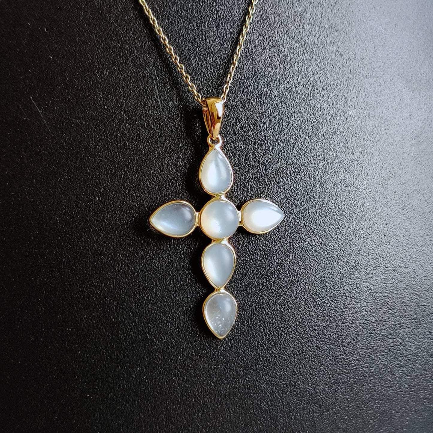 Natural White Moonstone Pendant, 14K Solid Yellow Gold Moonstone Pendant, Cross Pendant, June Birthstone, Christmas Gift, Moonstone Jewelry