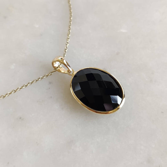 Natural Black Onyx Pendant, 14K Solid Gold Black Onyx Pendant, Solid Gold Pendant Necklace, December Birthstone, Birthday Gift, Gift For Her