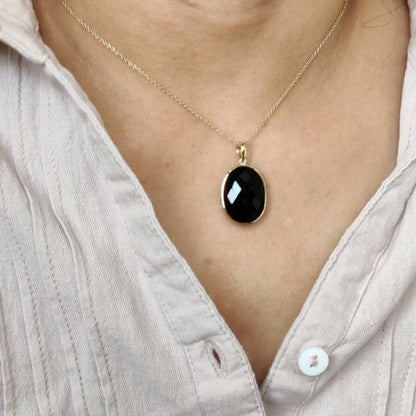 Natural Black Onyx Pendant, 14K Solid Yellow Gold Black Onyx Pendant, December Birthstone Pendant, Black Onyx Jewelry, Christmas Present