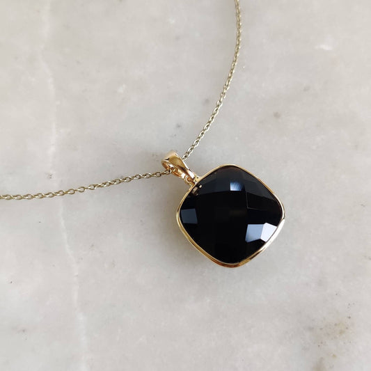 Natural Black Onyx Pendant, 14K Solid Gold Black Onyx Pendant, Yellow Gold Necklace Pendant, Black Onyx Jewelry, December Birthstone