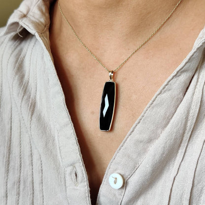 Natural Black Onyx Pendant, 14K Solid Yellow Gold Onyx Pendant, December Birthstone Pendant, Black Onyx Jewelry, Christmas Present