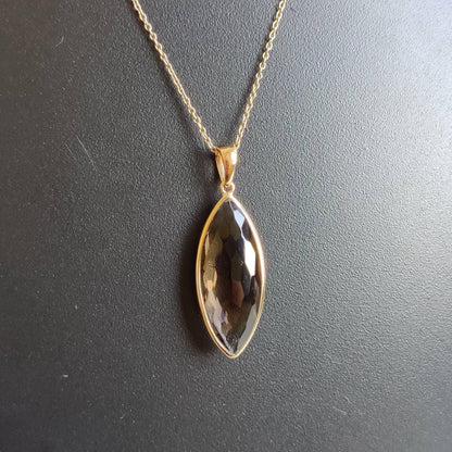 14K Gold Natural Smoky Quartz Pendant, Solid Yellow Gold Quartz Pendant, Marquise Faceted Pendant, June Birthstone Pendant, Christmas Gift