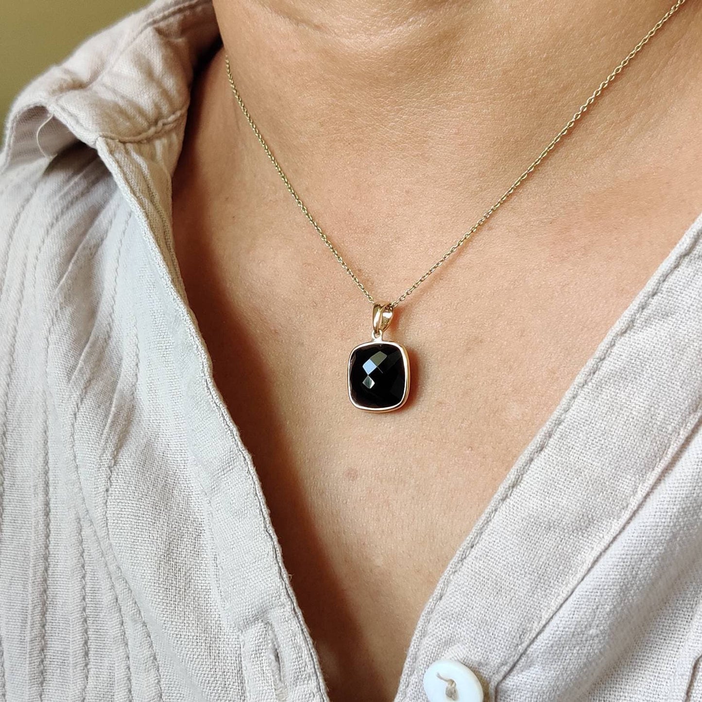 Natural Black Onyx Pendant, 14K Solid Yellow Gold Black Onyx Pendant, Bezel Pendant, December Birthstone, Christmas Gift, Square Pendant